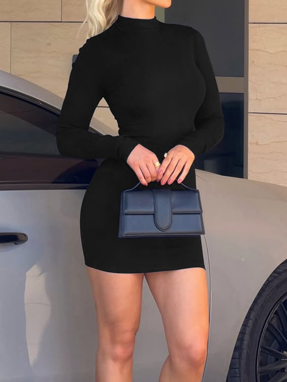 Mock Neck Ribbed Bodycon Knit Dress - Picture 4 of 6